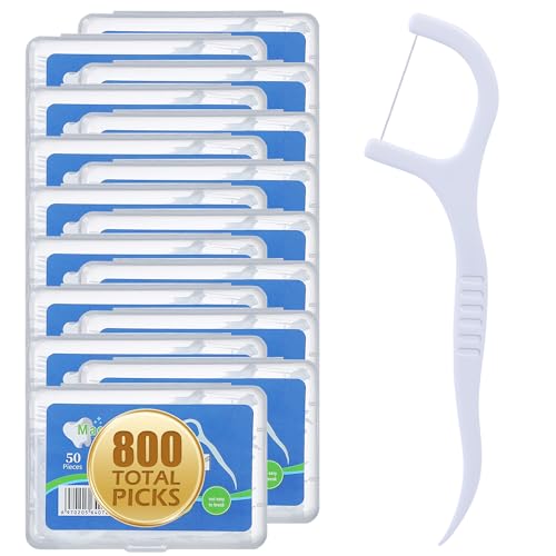 Aussumy 800 Count Dental Floss Picks Built-in Toothpicks for Deep Cleaning Comfortable Handle to Remove Plaque & Protect Gums Family Pack with 50 Picks per Portable Case for Adults & Kids
