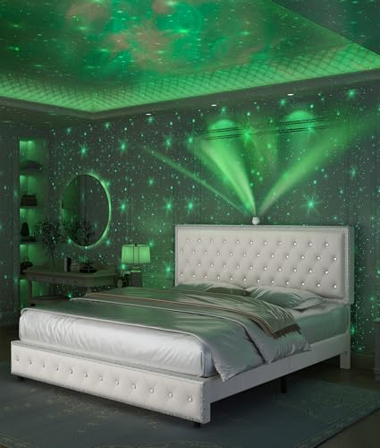 Queen Upholstered Platform Bed Frame with LED Headboard, Built-in Star