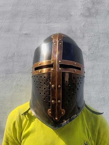 PARADOX INFINITY TOOLS Medieval Crusader Barbute Helmet, Steel Armor for LARP and Role Play, Black with Brass Accents