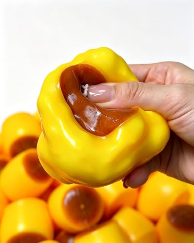 Caramel Pudding Squishy Stress Ball – Crunchy Bead Filled Non Rebound Handmade Taba ASMR Anxiety Relief for Adults Party Favor Squeeze Toy, Soft Sticky Silicone Dessert with Realistic Food Look — view 2