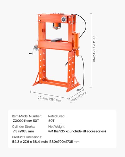 VEVOR hydraulische Werkstattpresse 20 t (H-Rahmen) mit Pressplatte, einstellbare Hydraulikpresse (Max. Zylinder 185 mm) mit Dreieckstütze, geeignet zum Biegen & Richten & Stanzen Orange