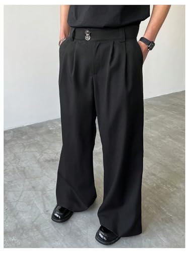 GORGLITTER Men's Button Fly Pleated Baggy Dress Pants Wide Leg Loose Trousers with Pockets2