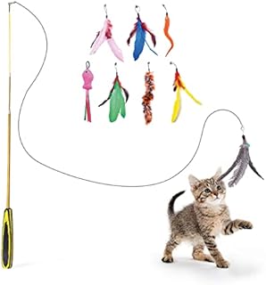 FurDreams Cat Wand Interactive Cat Toy | Retractable Cat Wand Toys for Indoor Cats | Cat Feather Wand Fishing Rod Cat Toy w/ 8 Colourful Bird Feathers & 2 Extra Hooks for Fun Play, Exercise, Activity