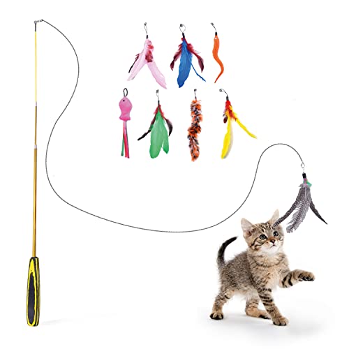 FurDreams Cat Wand Interactive Cat Toy | Retractable Cat Wand Toys for Indoor Cats | Cat Feather Wand Fishing Rod Cat Toy w/ 8 Colourful Bird Feathers & 2 Extra Hooks for Fun Play, Exercise, Activity