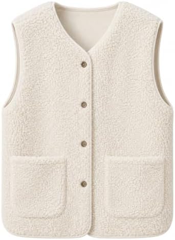 Shengruili Teddy Fleece Weste Damen,Ärmellos Fellweste V-Ausschnitt Knöpfen | Herbst Winter Warm,Fleeceweste Damen Einfarbig Herbstmantel,Outdoor Winterjacke