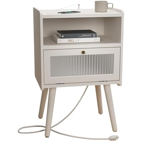 Mid Century Modern Nightstand with Charging Station, Bedside Tables with Glass Decorative Door, End Table Side Table with 2 Tiers Storage Space, for Bedroom, Living Room, White