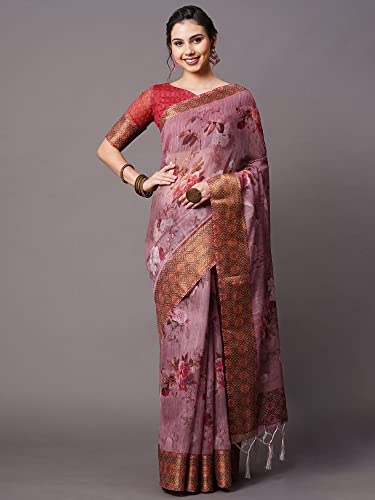 Image of AKHILAM Women's Ikat Linen Saree With Blouse Piece