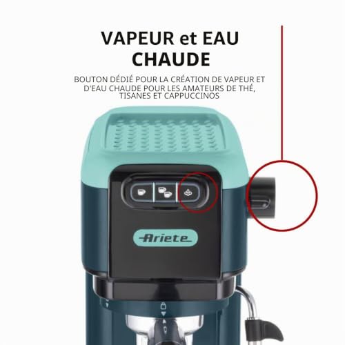 Ariete 1399 Machine à Café Percolateur, pour Expresso, Cappuccino, Thé et Tisane, Compatible avec le Café en Poudre et les Dosettes ESE, 1300 W, 15 Bar de Pression, Filtre 1-2 Tasses, Light Aquamarine