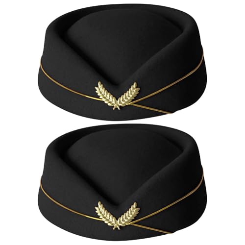 ZUYYON 2 Pcs Women Flight Attendant Hat Woolen Air Stewardess Cap Stewardess Uniform Plane Cap Cosplay Costume Accessories (Black)