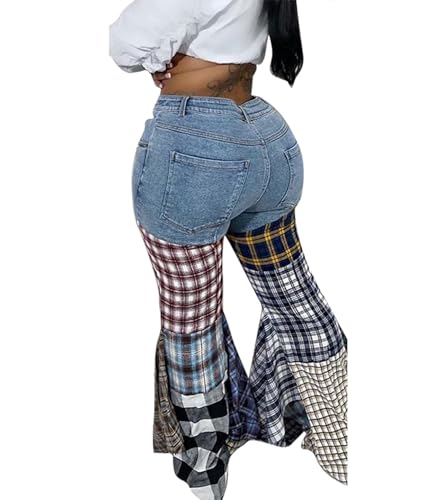 Sexyshine Women's High Waist Plaid Patchwork Bell Bottom Jeans Straight Wide Leg Flared Ruffle Hem Denim Long Pants3