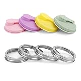 4pcs Mason Jar Drinking Lids Set, Reusable Silicone Coffee Sip Lid with Stainless Steel Rings for Wide Mouth Mason Jar Home Canning BPA-Free for Juice Smoothies (4 Colors)
