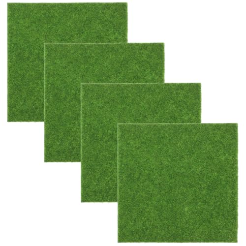 VORCOOL 4pcs Life-Like Fairy Artificial Grass Mat Grass Lawn Miniature Ornament Garden Dollhouse Craft Pot 15 x 15CM (Green)