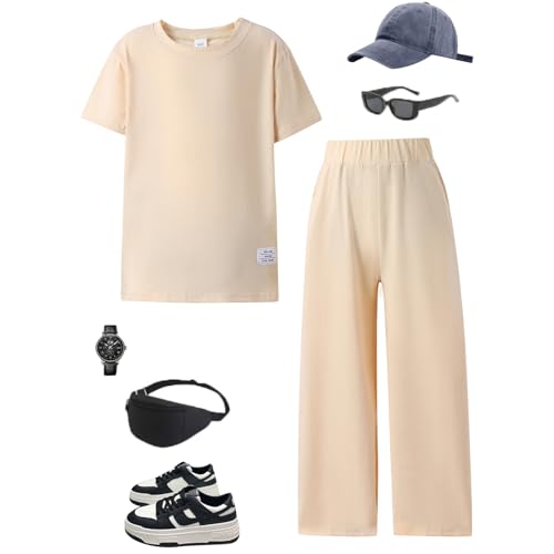 Arlubiya Kids Tween Boy Summer Casual Clothing Set Minimalist Solid Crewneck T-Shirt + Solid Straight-Leg Pants 8-13 Years Size 12 13