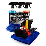  Kit Limpia Llantas y Neumáticos FullCarX + Descontaminante férrico + Recuperador Gomas + Bayeta Microfibra + Cepillo Pro + Pinceles + Aplicador Neumáticos