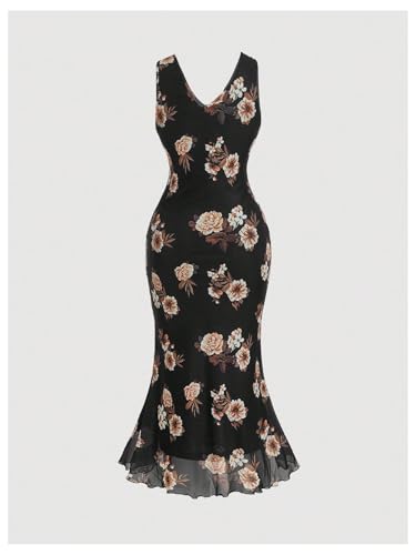 Image of Verdusa Women's Plus Size Floral Mesh Bodycon Fishtail Wedding Guest Dress Deep V Neck Sleeveless Dress