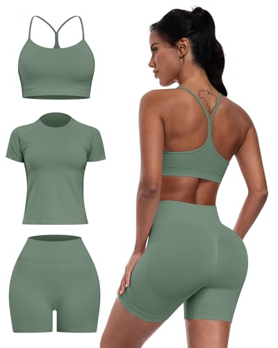 SALSPOR Women 3 Piece Workout Sets Seamless Running Tops Athletic Gym Yoga Short Y Back Sports Bras Outfits(3DXTZ-Grayish Green-M)