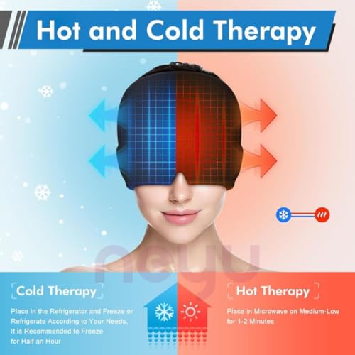 Image of NEYU Migraine Relief Cap for Headache - Reusable Ice Pack Head Wrap Mask for Migraines, Sinus Pressure & Stress Relief - Hot & Cold Therapy Gel Cap for Men & Women (2 Piece) Multicolor