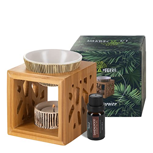 Image of La Madera Bamboo Wooden Oil Burner Wax Melt Burner Oil Diffuser with Ceramic Candle Holder and 10 ml Bottle of 100% Pure Sandalwood Oil (Archaistic)