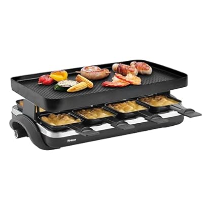 Trisa Raclette Supreme 8, Raclette Grill für 8 Personen, Abnehmbare Guss-Aluminium Grillplatte, 8 Antihaft-Pfännchen & Spachtel, Temperaturregler, Leichte Reinigung