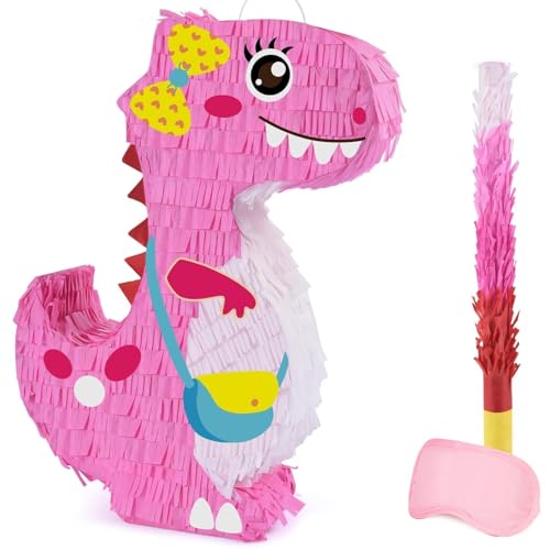 WERNNSAI Dinosaurier Pinata - Dino Geburtstag Deko Pinata Mädchen Kinder Rosa Dinosaurier Piñata mit Stock Augenbinde Dino Geburtstagsparty Gefüllt Piñata Geschenk Dekoration Lustige Karneval Spiele