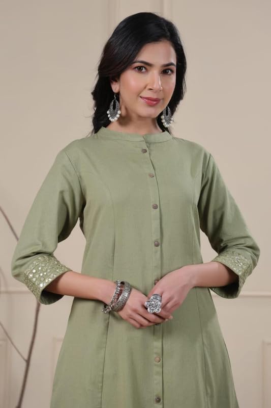 Image of Solid A-Line Mirror Work Cotton Kurta Pant Set for Women