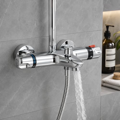 TVTIUO Duscharmatur mit ThermostatThermostatische Badewannenarmatur mit 38 C-Sicherheitstaste mit 2-in-1-Auslauf (Badewanne/Dusche)Mischbatterie Dusche Thermostat Chrom