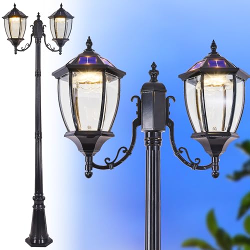 GYDZ 2-Heads Outdoor Solar Lamp Post Lights with Dusk to Dawn Sensor, Classic Exterior Solar Pole Lights with Waterproof, Black Street Lights with Clear Glass for Garden, Patio, Pathway, Driveway