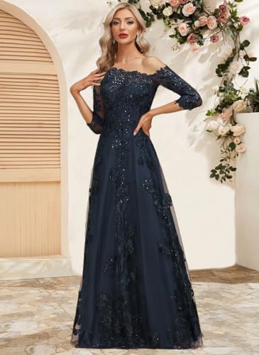 Long Sleeve Mother of The Bride Dresses for Women A Line Lace Appliqued Formal Dress One Shoulder Tulle Evening Gown3