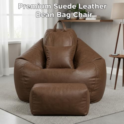 Image of KAM'S LIEU 5XL Premium Imported Suede Bean Bag Chair with Footrest & Cushion | Filled with High Density Polystyrene Beans | Premium Soft Fabric | Ready to Use Color- (Brown, 5XL)