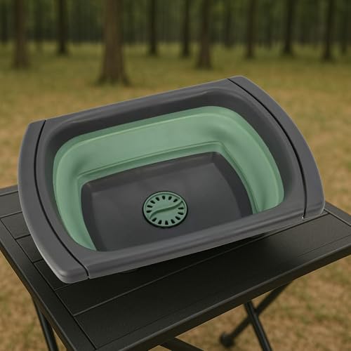 Tool & Tree Faltbares Spülbecken Grün – Camping Waschschüssel mit Ablass, rutschfesten Füßen & ausziehbaren Griffen – Platzsparendes, robustes Waschbecken für Outdoor, Reisen, Wohnmobil & Campingküche