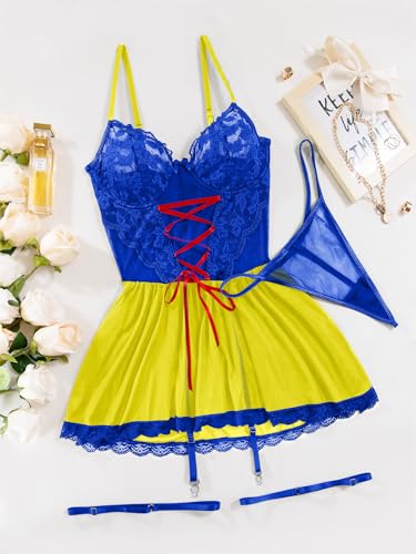 Image of Lilosy Sexy Garter Belt Mesh Lace Babydoll Lingerie Dress Set with Thong
