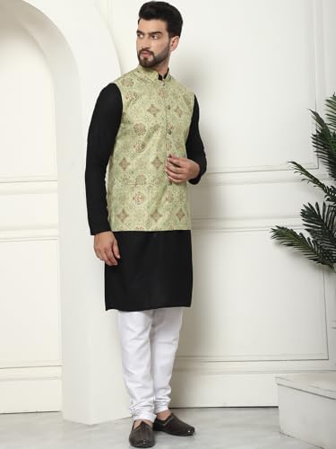 Image of SOJANYA (Since 1958 Men's Cotton Linen Maroon Kurta and White Pyjama with Mustard Cotton Nehru Jacket