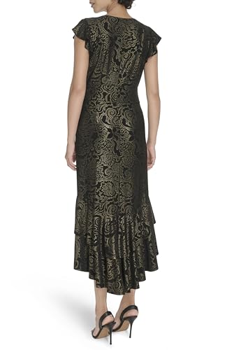 Image of Tommy Hilfiger Women's Flutter Sleeve V-Neck Ruffle Trim Hi-Lo Midi Dress