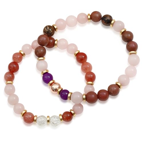 Wusboo 2er Set Handgemachte Armbänder, Natürliche Edelsteine wie Rosenquarz, Amethyst, Tigerauge, Elastisches Band, Geschenkbox & Bedeutungs-Karte, Damen & Herren Schmuck