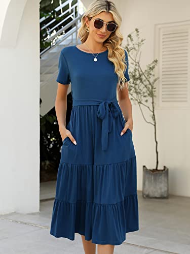 Lyrur Blue Dress Women's Casual Summer Tiered Midi Dresses Ruffle Babydoll Belted Boho Sundress with Pockets(S,9191-Deep Blu) — view 4