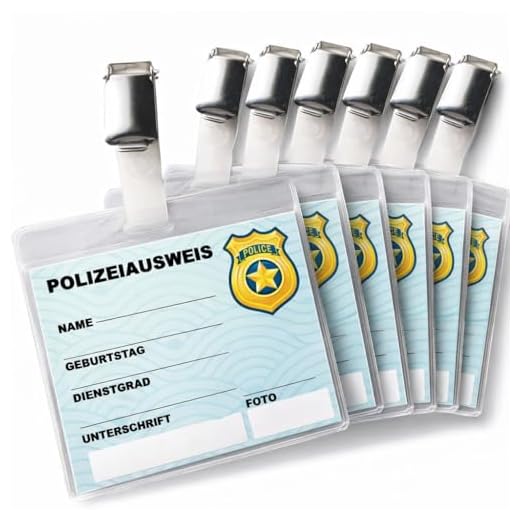 6 Polizei Ausweise mit Clip und Hülle als Mitgebsel zum Kindergeburtstag und Mottoparty | 9x12cm, mit Schutzhülle und Metallclip | Kinder Geburtstag Party Set Ausweis
