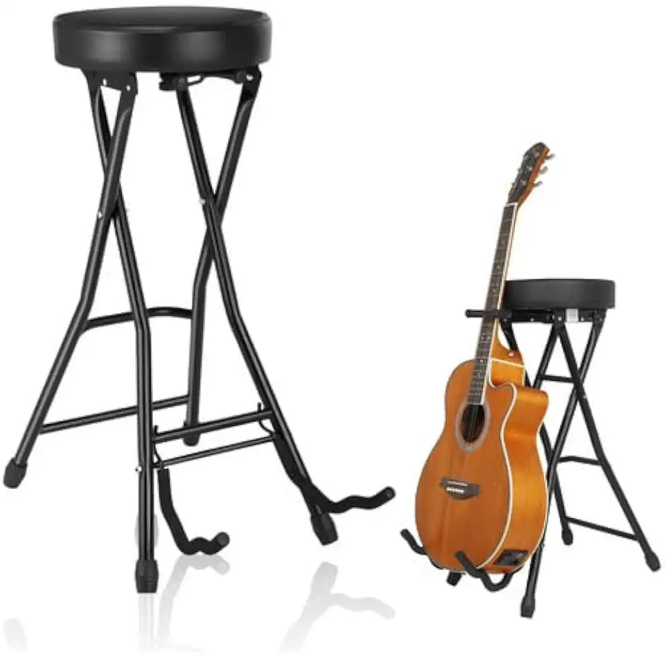 Banco Banqueta para Músico com Suporte para Violão e Guitarra Assento Estofado Almofadado Forrado Macio com Enchimento Altura Ajustável Cadeira para Estudo Palco Shows