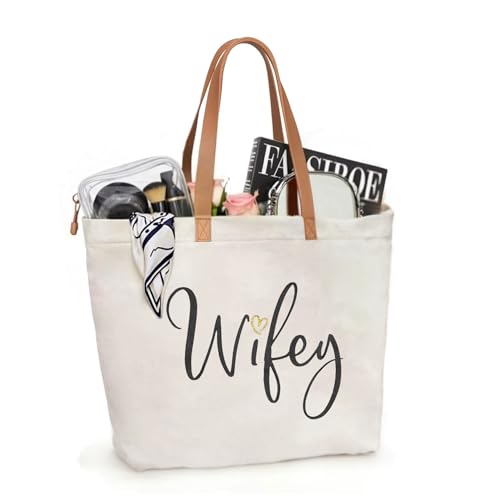Image of ELEGANTPARK Wifey Tote Bag for Bride - Large Canvas Wedding Bag with Zipper - Bachelorette Party Engagement Gift, Honeymoon Beach Travel Bag