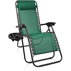 Todeco Relajante Textileno Jardín, Silla Plegable de Gravedad Cero, 165 x 112 x 65 cm, Verde, Textilene, with Cup Holder, con Almohada, Carga máxima: 100 kg, Material: Acero