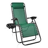 Todeco Relajante Textileno Jardín, Silla Plegable de Gravedad Cero, 165 x 112 x 65 cm, Verde, Textilene, with Cup Holder, con Almohada, Carga máxima: 100 kg, Material: Acero