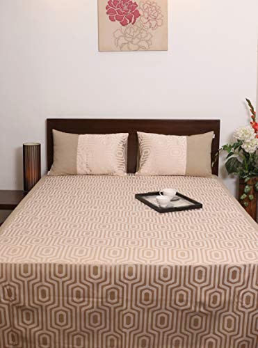 Image of Cream Hexa Design Self Design Cotton Double Bed Cover King Size /Cream Bed Sheet with 2 Pillow Cover.