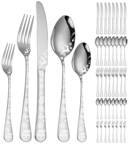 XIAOYU 40-teiliges Weihnachtsbesteck Set für 8, Edelstahl Besteck Set, Schneeflocken Weihnachtsmann Elch Muster Design, Geschirr Geschirr für Küche Restaurant, spülmaschinenfest, Silber