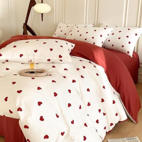 Image of Heart Duvet Cover Set King Red White Heart Bedding Set Reversible,Microfiber Comforter Cover Sets Striped Includes 1 Duvet Cover and 2 Pillow Shams