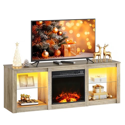 WLIVE 58 Inches Fireplace TV Stand with LED Lights, Modern Entertainment Center with 18'' Electric Fireplace & Adjustable Glass Shelves, Sturdy Media Console for Living Room, Bedroom (Grey Oak)