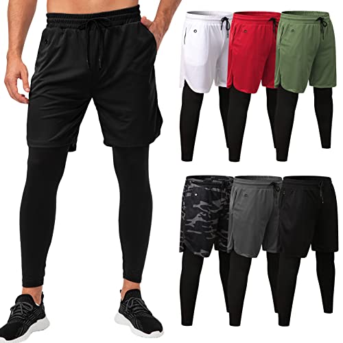 Henniu Calças esportivas masculinas com bolsos 2 em 1 leggings forro shorts atléticos treino roupas