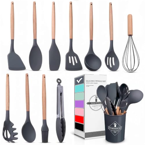 12 Pcs Cooking Kitchen Accessories Set with Holder, Silicone Heads (Gray) by V TOWER - Used condition - US$20.75
