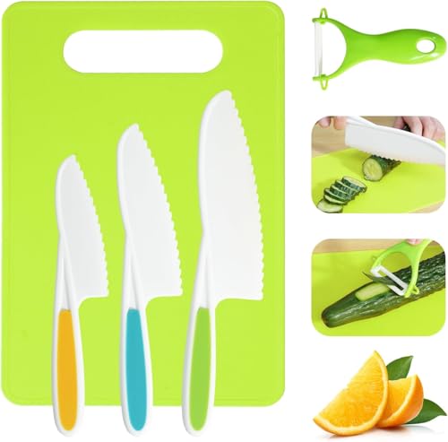 Kids Knife Set, 5 Pcs Montessori Kitchen Tools for Toddlers' Real Cooking, Kids Safe Kitchen Cooking and Baking Set with Peeler, Cutting Board for Sandwich Bread Vegetable Fruit Present Gift