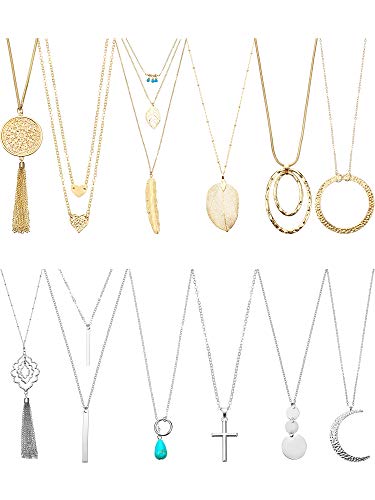 Hicarer 12 Pieces Long Pendant Necklace Set Y Tassel Leaf Circle Bar Necklace for Women (Round)