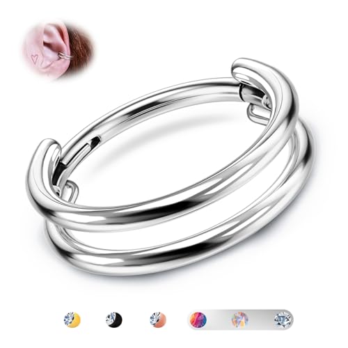 BodyBonita G23 Titanium Cartilage Earring Hoop Stacked Clicker - 16G Double Nostril Septum Rings Conch Piercing Jewelry Tragus Rook Daith Helix Earrings Nose Rings Hoops for Women Men Silver 8 mm by BodyBonita - Used condition - US$5.20