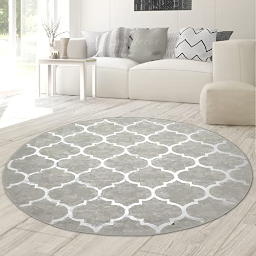Teppich-Traum runder Schlafzimmerteppich mit marokkanischem Muster in grau, Größe 120 cm rund
